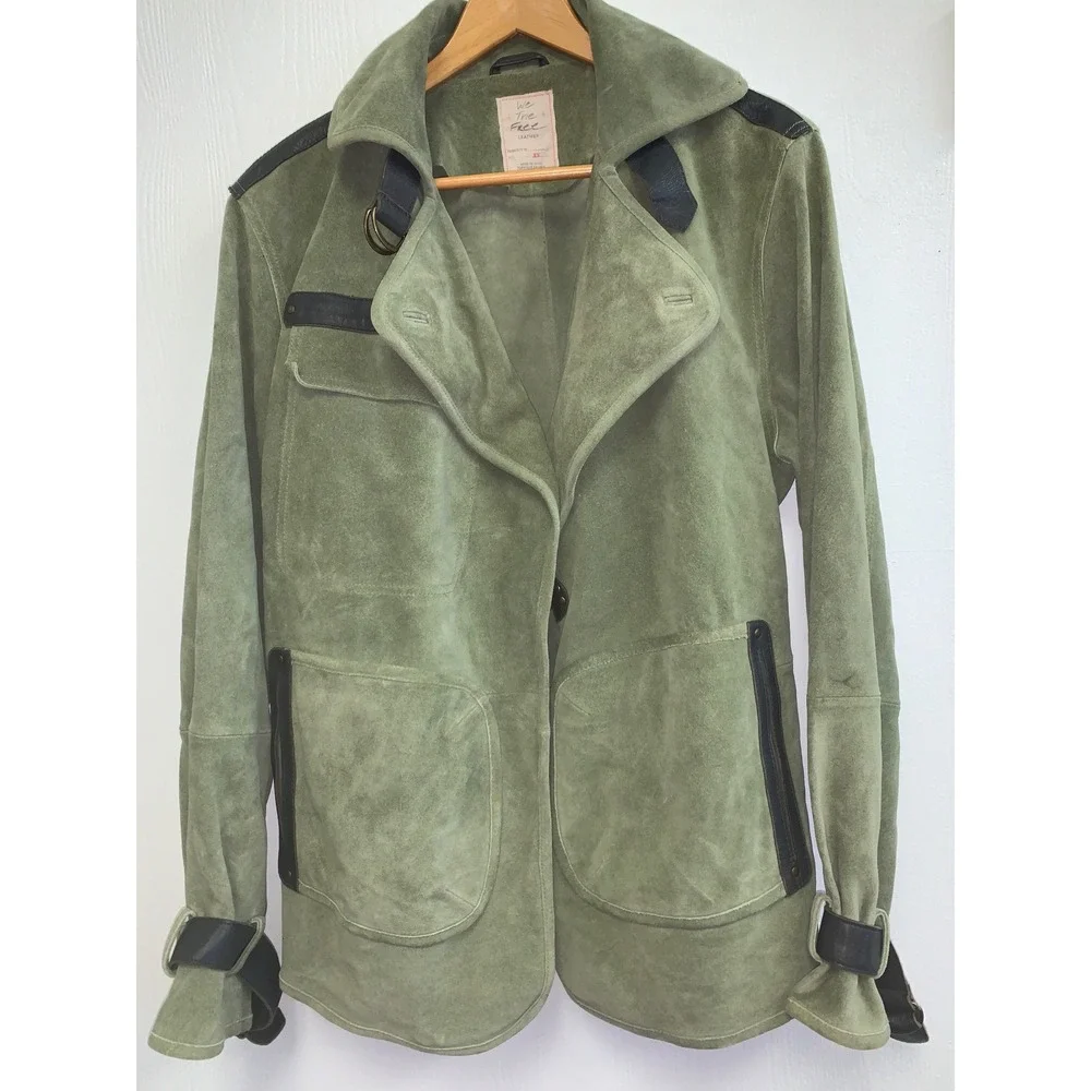 We The Free Free People Green Suede Leather MotUtility Jacket XS Brown Trimo